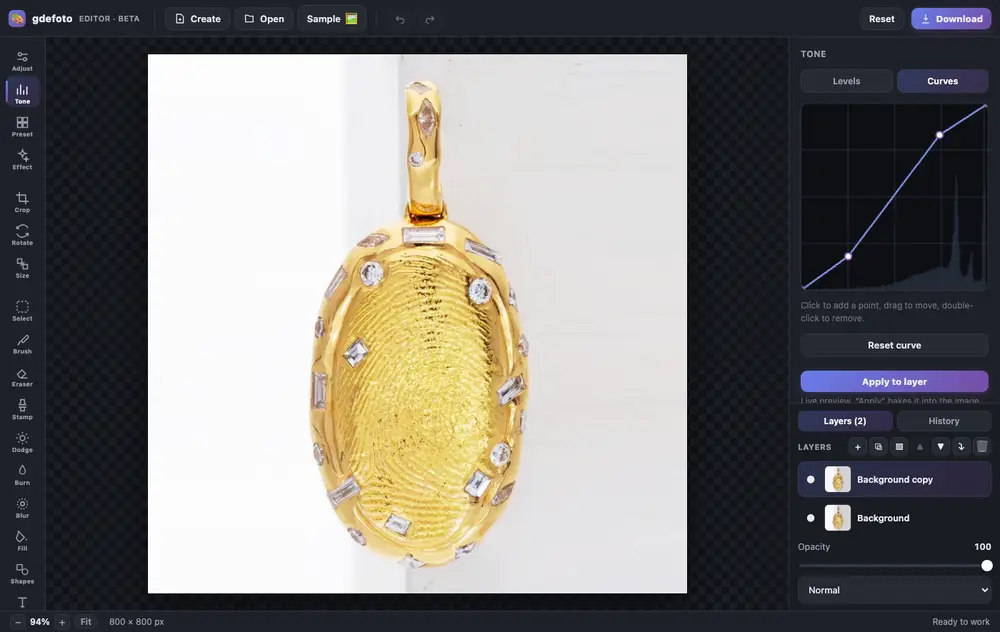 gdefoto online photo editor interface: toolbar, adjustment sliders and layers
