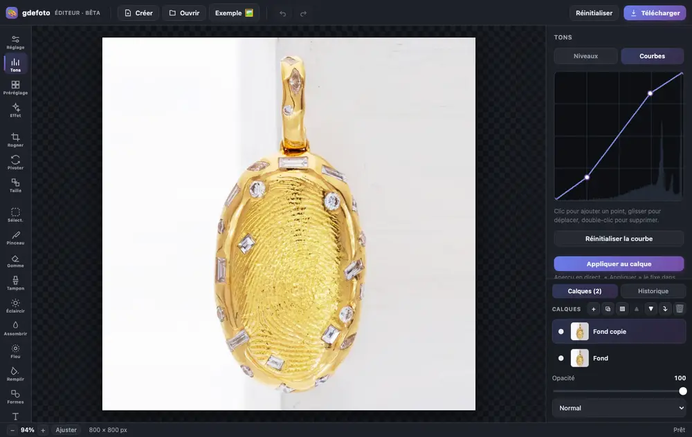 Interface de l'éditeur photo en ligne gdefoto : outils, curseurs de réglage et calques
