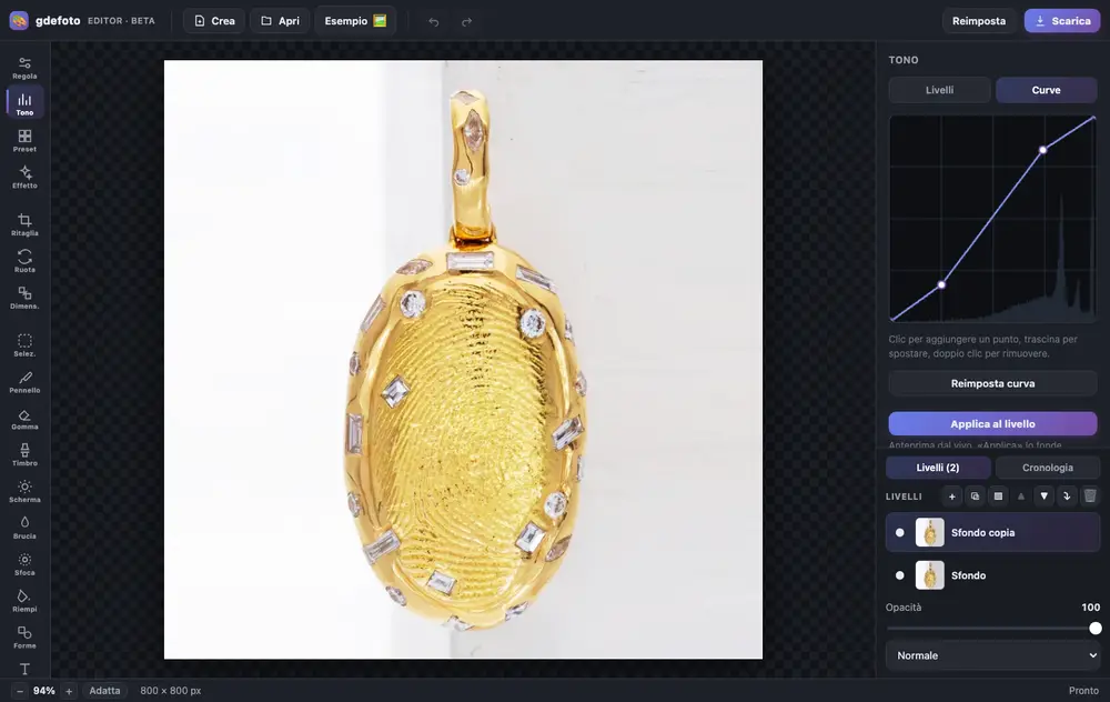 Interfaccia dell'editor di foto online gdefoto: strumenti, cursori di regolazione e livelli