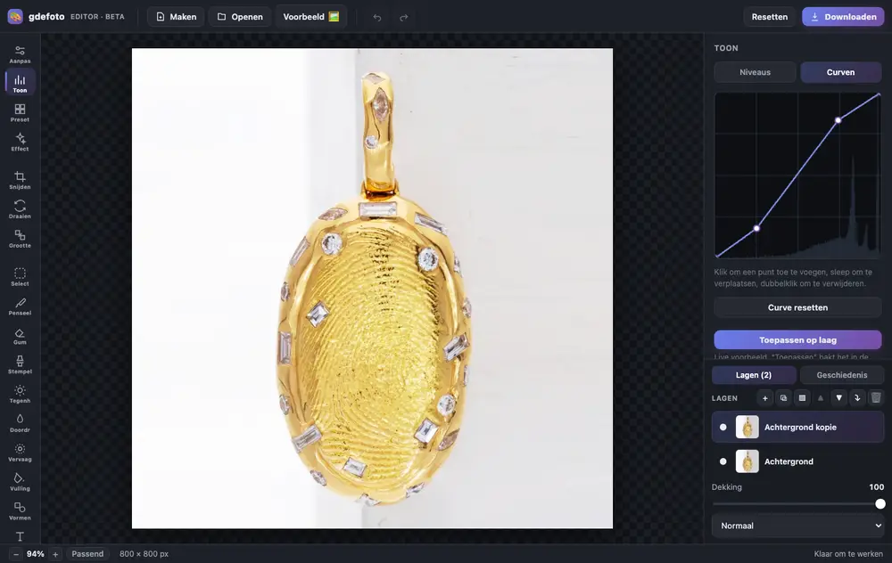 Interface van de online foto-editor van gdefoto: werkbalk, schuifregelaars en lagen