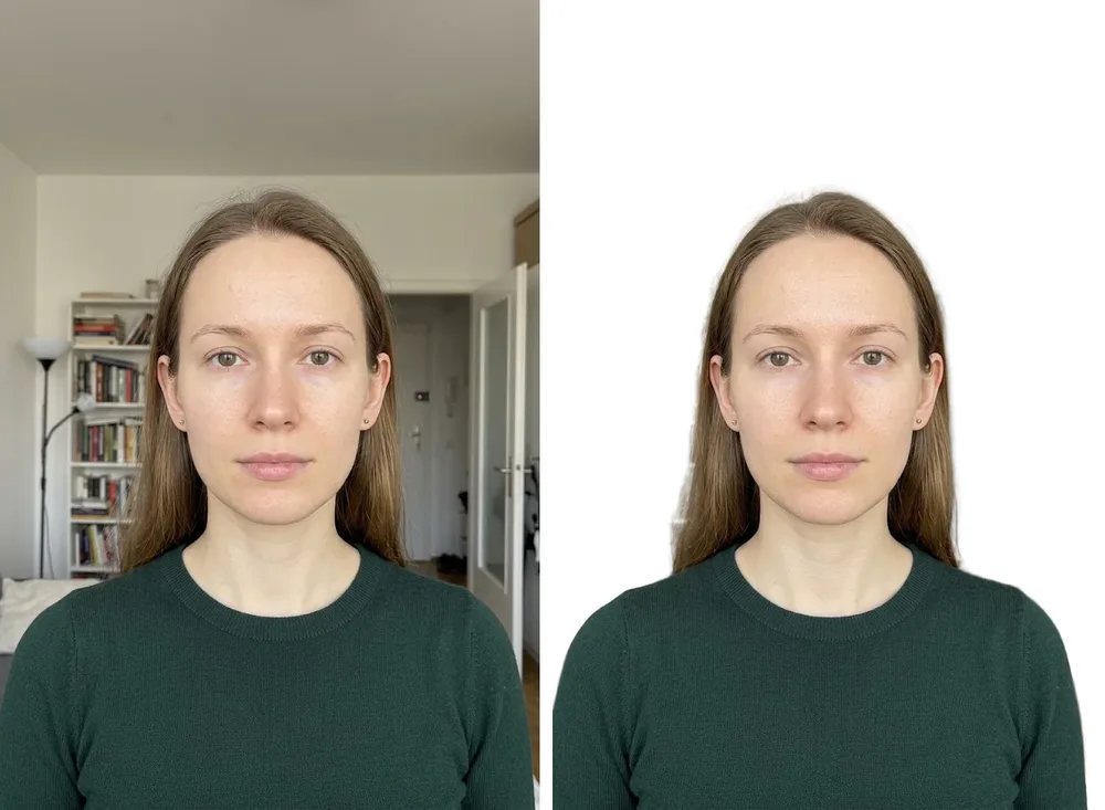 Ausweisbild-Beispiel: Handyfoto vor und nach dem Austausch des Hintergrunds