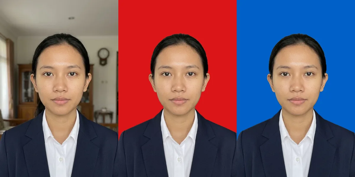 Beispiel für ein indonesisches Ausweisbild vor rotem und vor blauem Hintergrund