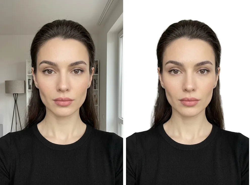 Passfoto-Beispiel: ein Selfie zu Hause und dasselbe Foto vor weißem Hintergrund